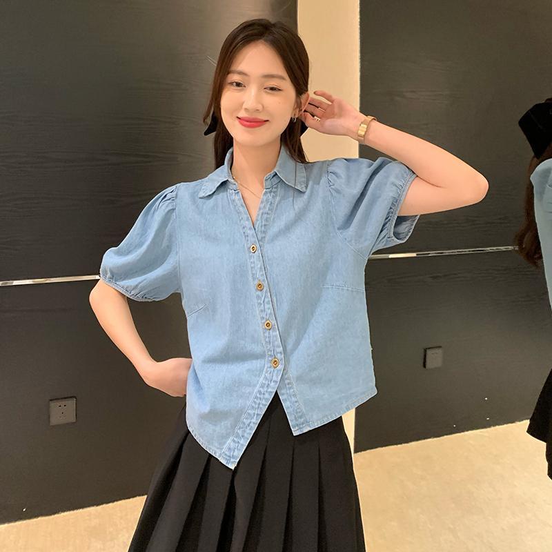 Áo Sơ Mi Denim Tay Ngắn Phong Cách Hong Kong Cổ Điển Thiết Kế Mới Cho Nữ