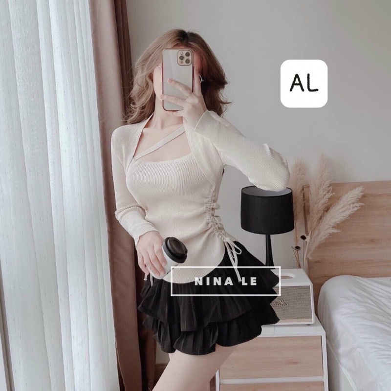 áo thun nữ tay dài cổ cao rút dây hai bên eo chất thun gân dày dặn Tn
