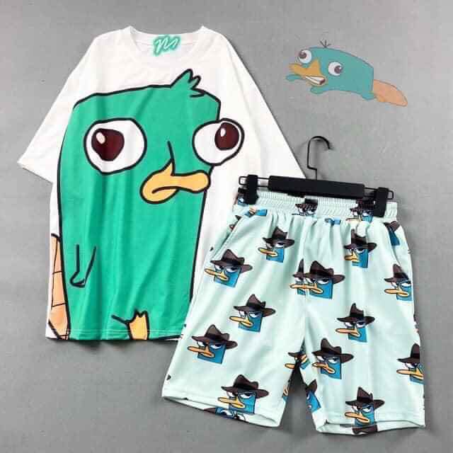 Set bộ đùi hoạt hình thú mỏ vịt UNISEX quần cartoon kèm áo thun tay lỡ siêu xinh kèm ảnh/video thật