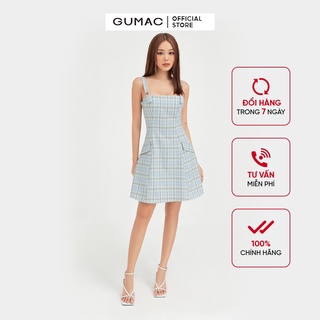 Đầm 2 dây nữ nắp túi GUMAC thiết kế công sở màu xanh DB5129