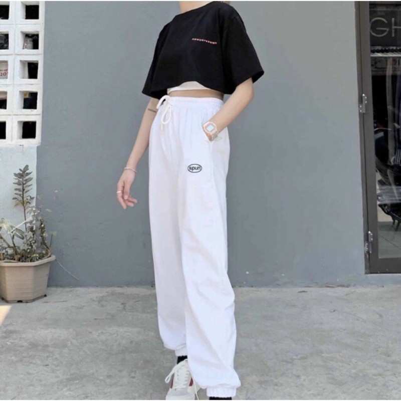 Quần jogger bo gấu thêu spur unisex chất liệu da cá năng đông