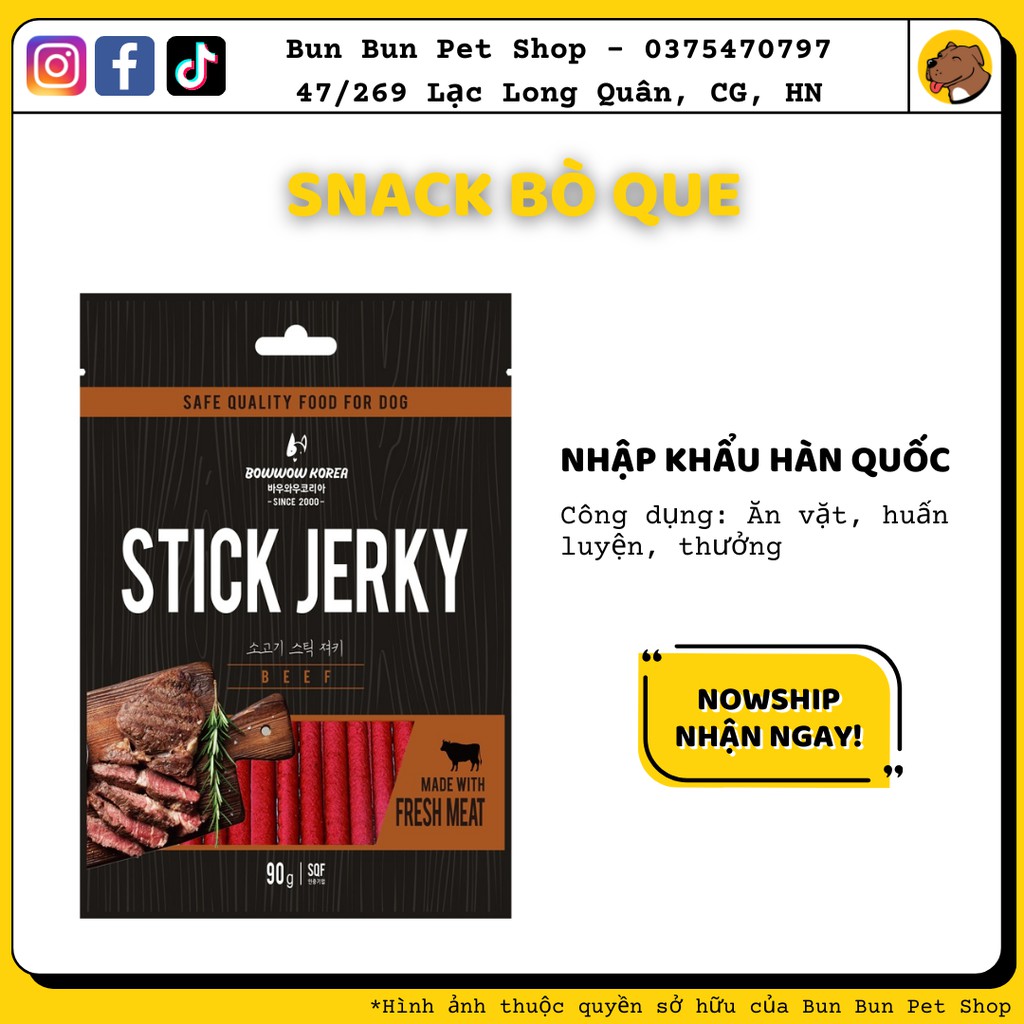 Snack bánh thưởng cho chó mèo thịt bò Que Hàn Quốc Stick Jerky Lamb Meat 90g