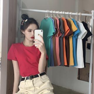 Áo thun màu trơn lì tay ngắn giản dị phong cách mùa hè Hàn Quốc tôn dáng dành cho nữ