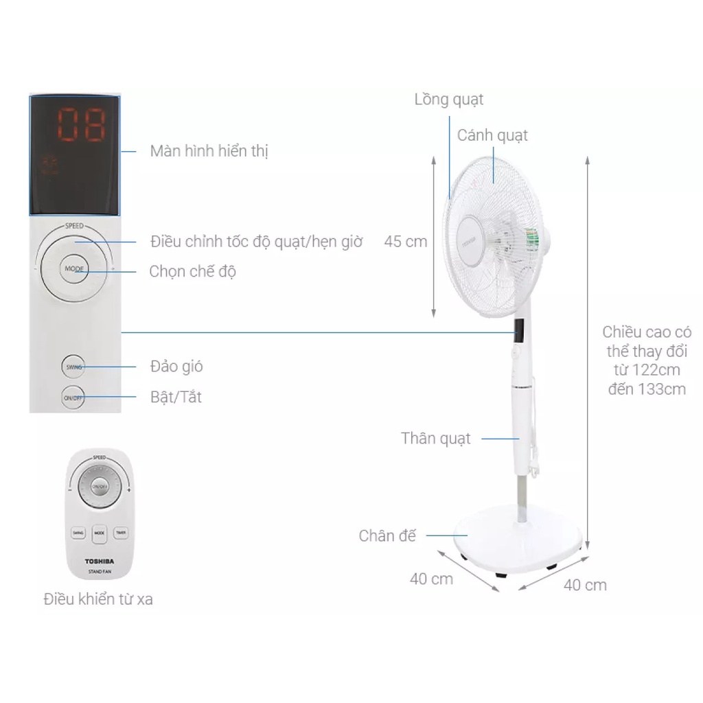 Quạt đứng điều khiển từ xa Toshiba F-LSD30VN 9 cánh có inverter màu trắng - Bảo hành hãng 12 tháng