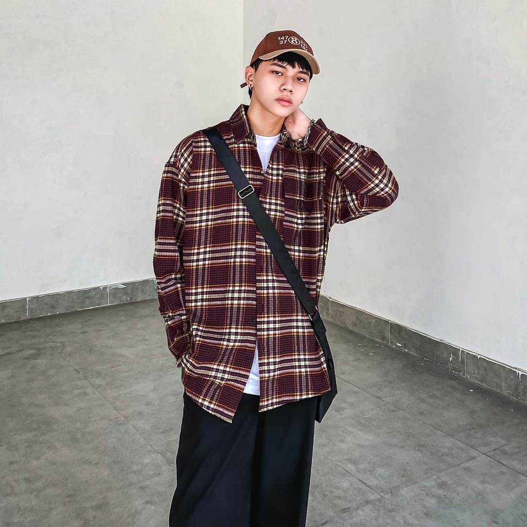 Áo Sơ Mi Flannel Màu Nâu Sọc Đỏ Form Rộng Thoải Mái Chất Liệu Cotton Thoáng Mát
