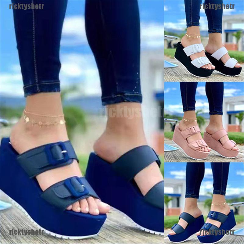 （ricktyshetr）Summer Woman Wedges Slippers Casual Shoes Slip-On High Quality Sandals