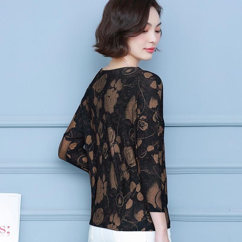 Áo thun tay dài cổ tròn in họa tiết thời trang thu đông dành cho phụ nữ trung niên