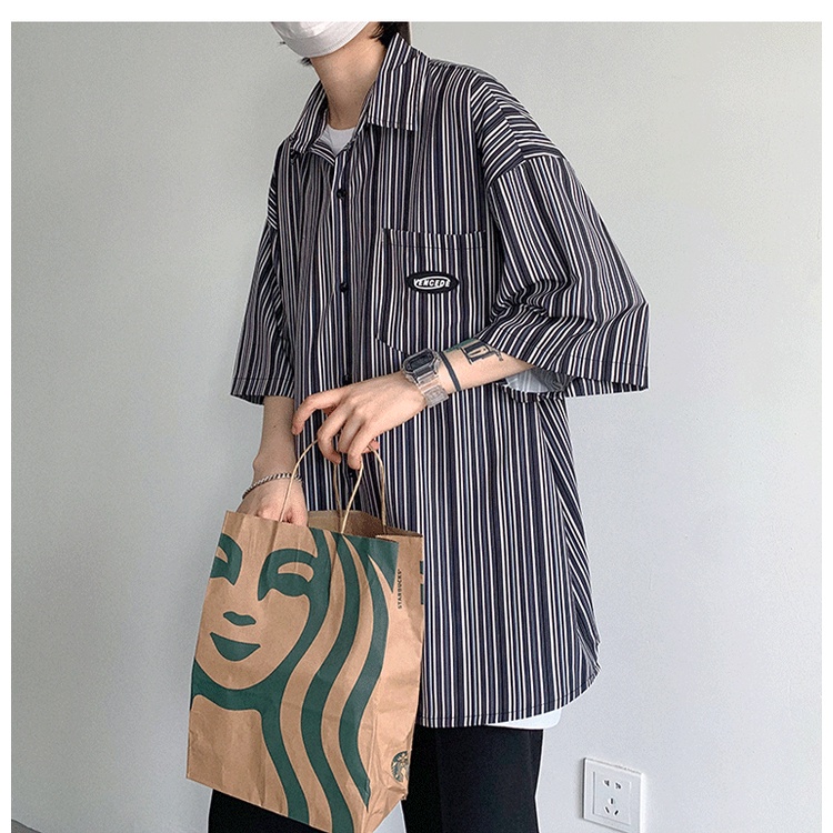 Áo Sơ Mi Tay Ngắn Dáng Rộng Cỡ Lớn Kẻ Sọc Thoáng Khí Kiểu Hip-Hop Đường Phố Nhật Bản Cá Tính Cho Nam