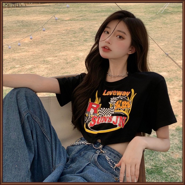 Áo Thun Crop Top Tay Ngắn Cổ Tròn Phối Dây Xích Thời Trang Mùa Hè Quyến Rũ Cho Nữ