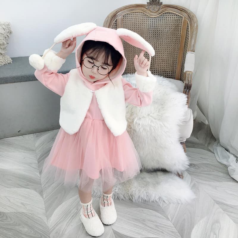 Váy kèm áo khoác ghile lông tai thỏ cho bé gái 8-17kg - Shubishop.vn
