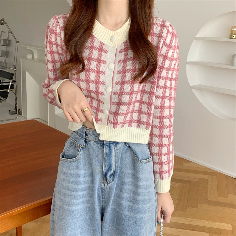 SUXI Áo sweater dệt kim tay dài dáng ngắn họa tiết sọc caro thời trang vintage cho nữ
