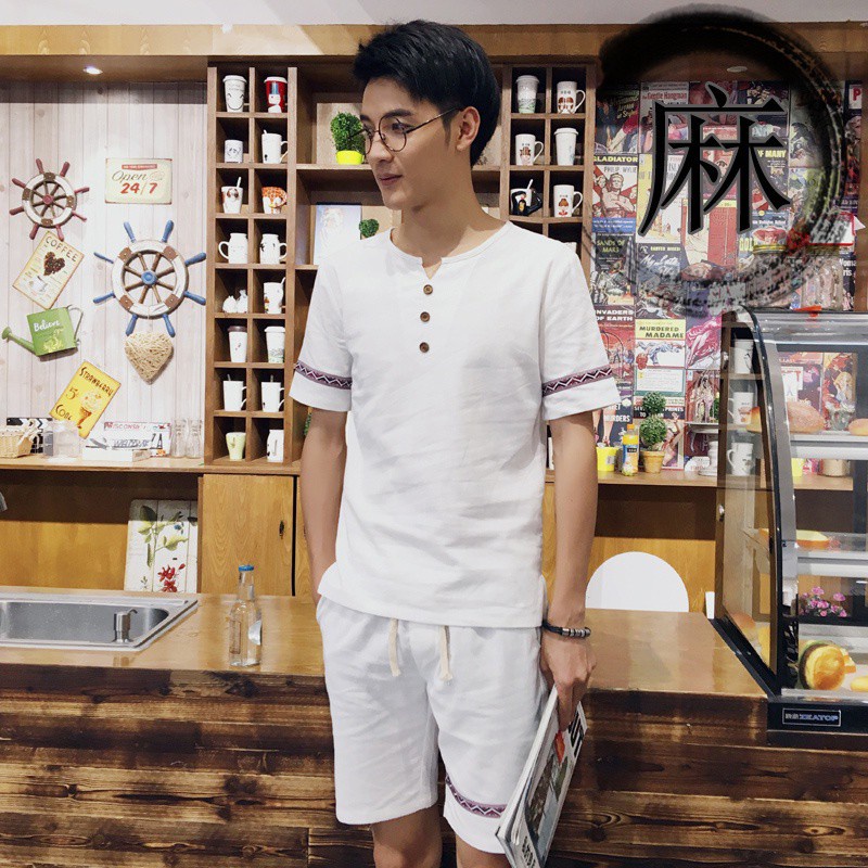 Chinese-Style Casual Men's Linen Suit Shorts Men's Short-SleeveTT-shirt Cotton and Linen Suit Men's Clothing A56 P35