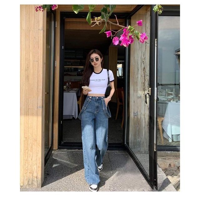 Quần yếm jean nữ xanh ống rộng phong cách Retro, quần bò cạp cao ống rộng Shop Hạt Dẻ