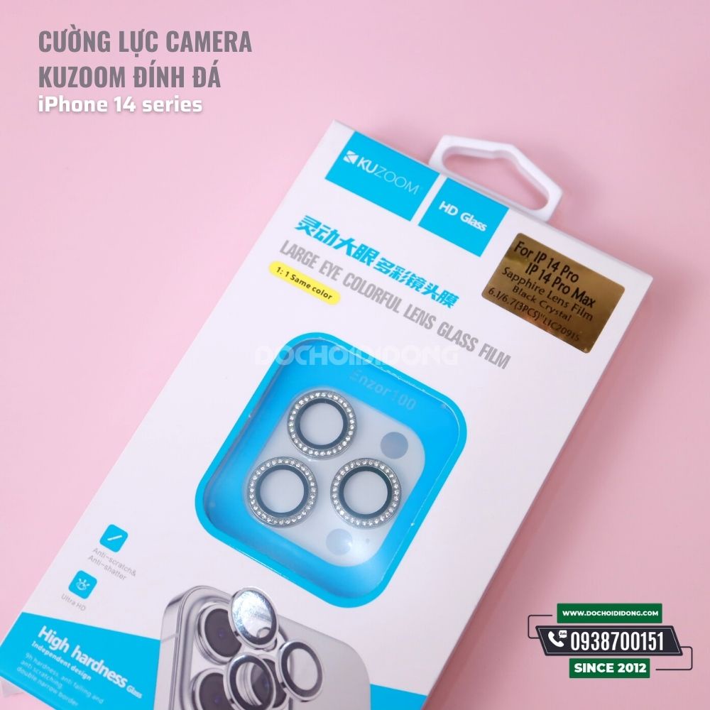 Dán cường lực camera iPhone 14 Pro Max (14, 14 Plus) Kuzoom đính đá cao cấp
