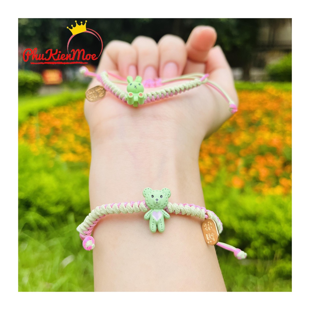 Vòng tay dây rút 2 màu xanh hồng pastel hình gấu và thỏ PhuKienMoe handmade