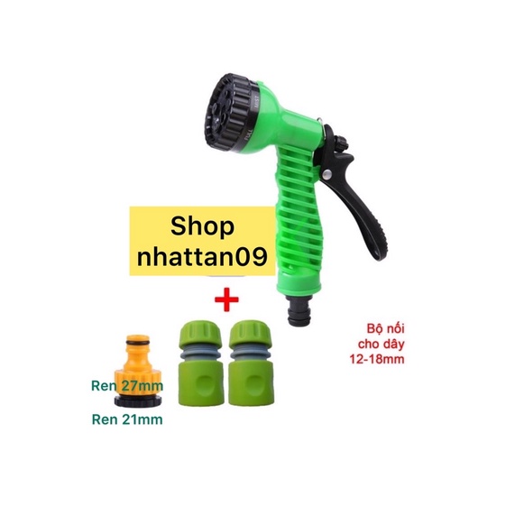 Bộ Vòi xịt nước + 2 đầu nối 12/18 + 1 đầu ren 27-21 dùng tưới cây, rửa xe đa năng (7 trong 1) chất lượng cao