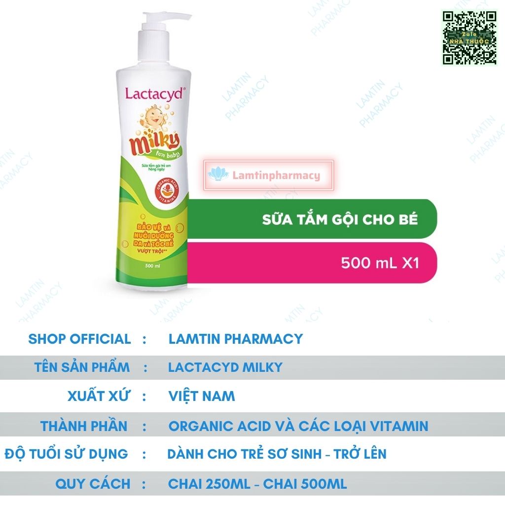 LACTACYD MILKY Sữa Tắm Gội Hằng Ngày Dành Cho Trẻ Giúp Bảo Vệ Dưỡng Ẩm Da Cho Bé Hàng Chính Hãng Chai 250ml, 500ml