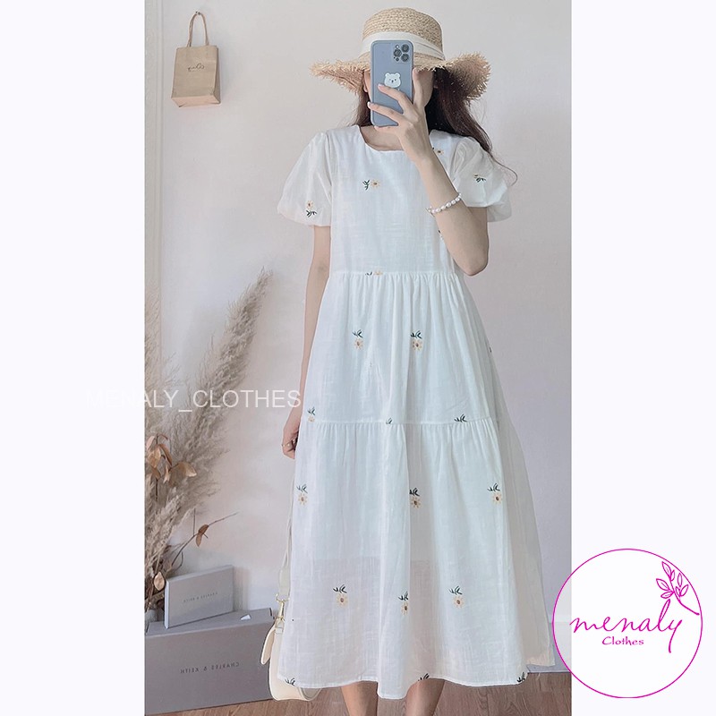 Đầm váy babydoll hoa nhí dáng dài tay bồng VH039, mẫu váy hoa cúc vintage qua gối bầu bí bon chen được