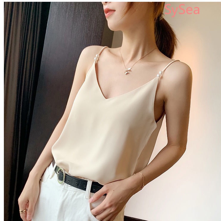 Áo Voan Hai Dây Đính Ngọc Trai Thời Trang Mùa Hè Pháp Cho Nữ