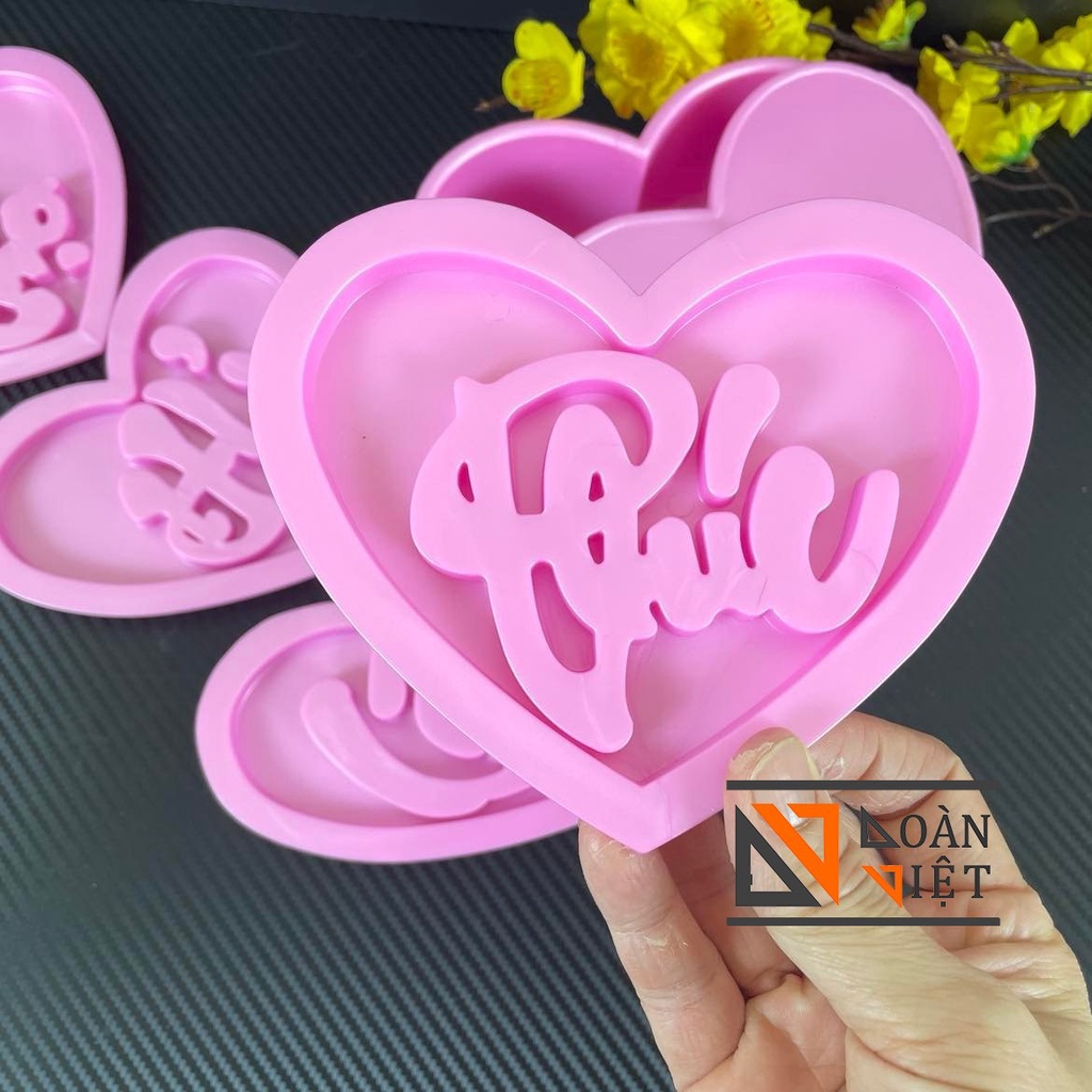 [BỘ 4 MẶT KHUÔN] Khuôn TIM NHẤN XÔI sắc nét - Bộ 4 hình PHÚC LỘC THỌ HỶ 15cm - NHỰA VIỆT NAM, AN TOÀN CHO SỨC KHOẺ