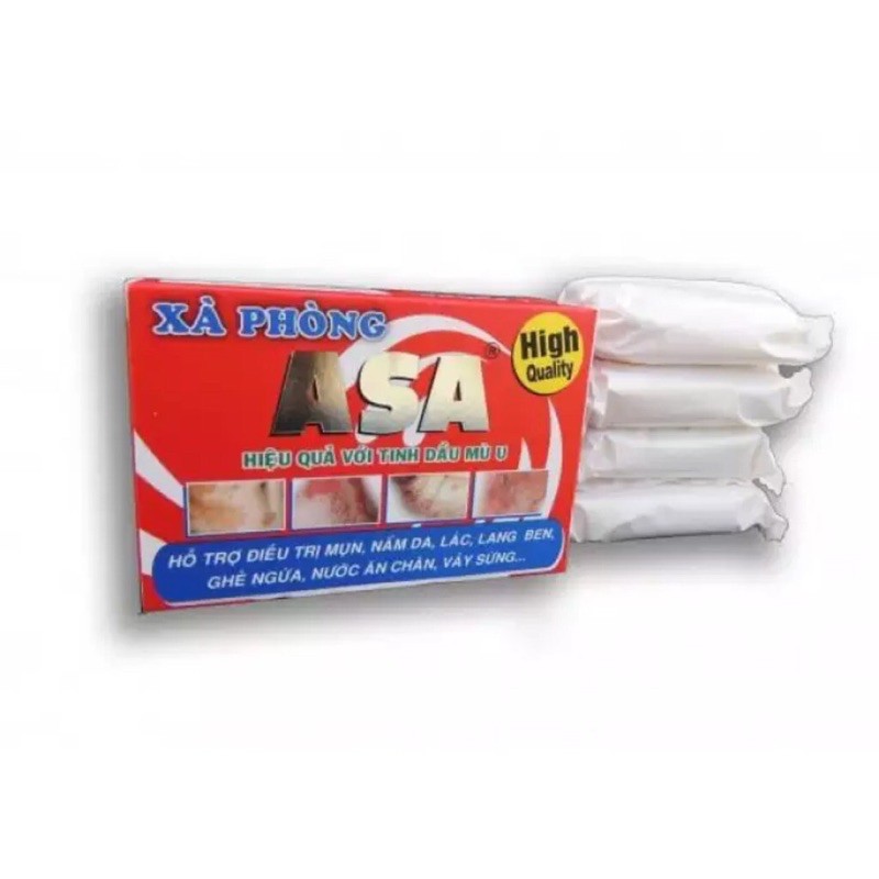 1 hộp gồm 4 xà bông cục ASA 100g hỗ trợ giảm mụn, nấm, lác và các bệnh ngoài da