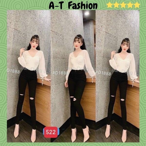 Quần Jean Nữ Lưng Cao ❤️FREESHIP❤️ Quần Bò Nữ Phối Rách Ôm Dáng Xinh Xắn Thời Trang Chuẩn Hàng Shop A-T Fashion - QJNU6