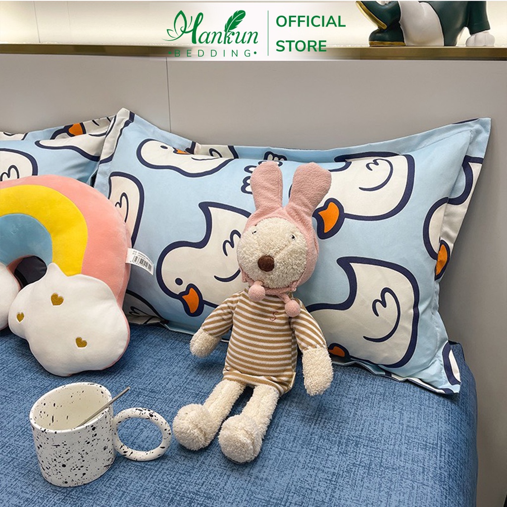 Bộ 4 món chăn ga gối cotton poly Hankun nhập khẩu hoạ tiết vịt xanh