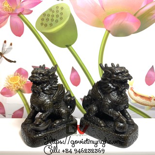 [Tượng Tỳ Hưu] Cặp 2 tượng đá trang trí Tỳ hưu phong thủy - 2 sừng - Chiều cao 14cm - Màu Nâu Đen