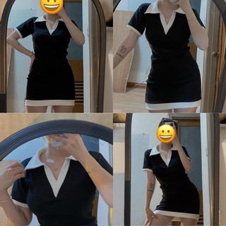Váy body đen phối cổ trắng chất bo v30 chanreen váy body chất bo dày dặn, thoải mái, siêu tôn dáng