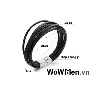 Vòng Đeo Tay Nam Da Bò Đen Khóa Thép Không Gỉ Nhiều Sợi - M10