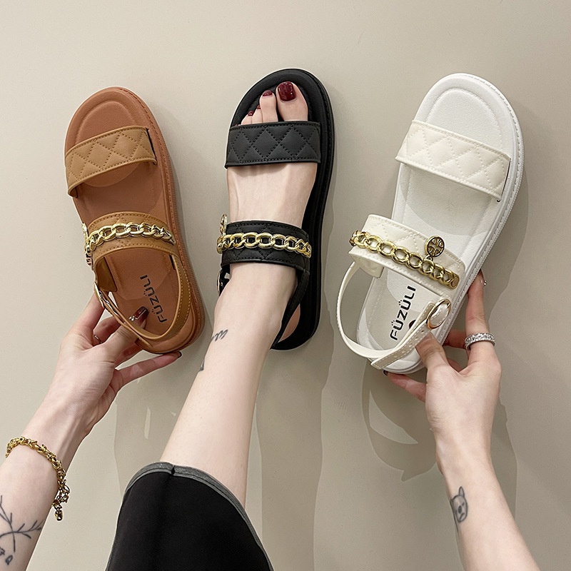 Giày Sandal Đế Bằng Phối Dây Xích Thời Trang Xuân Hè Xinh Xắn Cho Nữ
