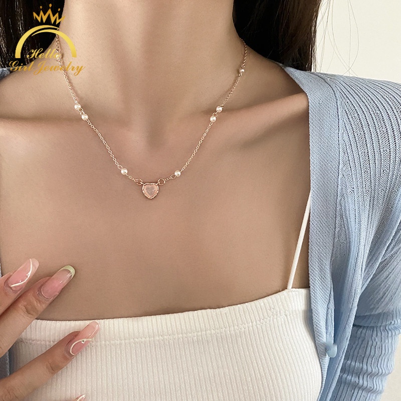 Vòng cổ Mặt Hình Trái Tim Đính Đá Opal Và Ngọc Trai Nhân Tạo Sang Trọng Dành Cho Nữ