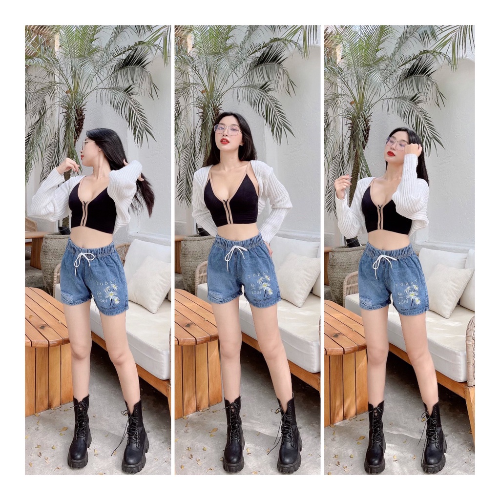 Quần sọt jean nữ lưng dúm thun hàng jean cotton màu đen