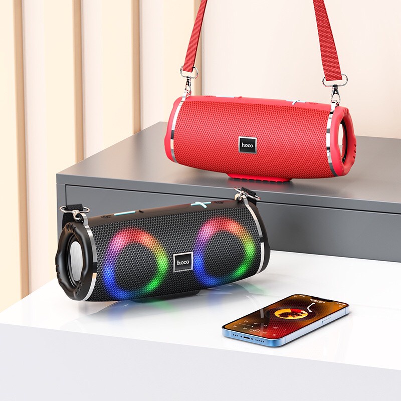 Loa Bluetooth Hoco HC12 hàng chính hãng âm thanh trung thực có đèn led đổi màu tích hợp thẻ nhớ, USB, dây đeo.