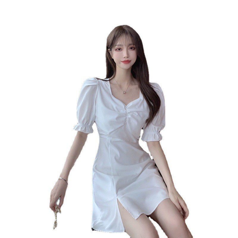 Đầm trắng, váy nhún ngực cổ tim dáng ngắn xẻ tà tay lỡ dễ thương | BigBuy360 - bigbuy360.vn