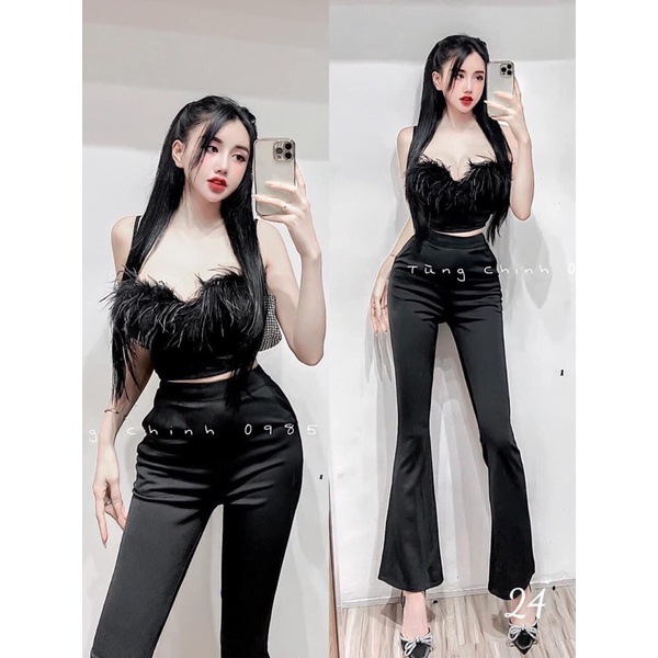 _  Set áo cúp ngực viền lông + quần dài