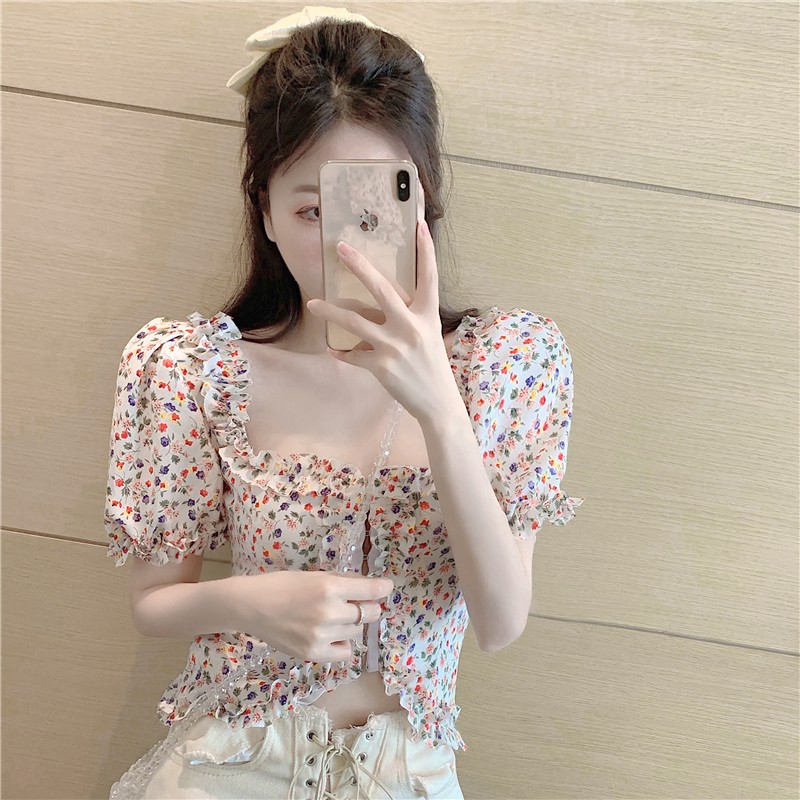 Áo Kiểu Tay Phồng Cổ Vuông Họa Tiết Hoa Xinh Xắn Phong Cách Retro Thời Trang Hong Kong