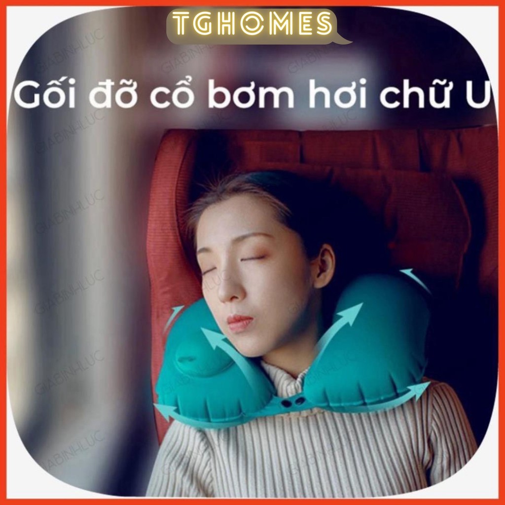 Gối hơi kê cổ chữ u tựa lưng để ngủ khi đi máy bay tàu xe tự động bơm có nút cài-GD248