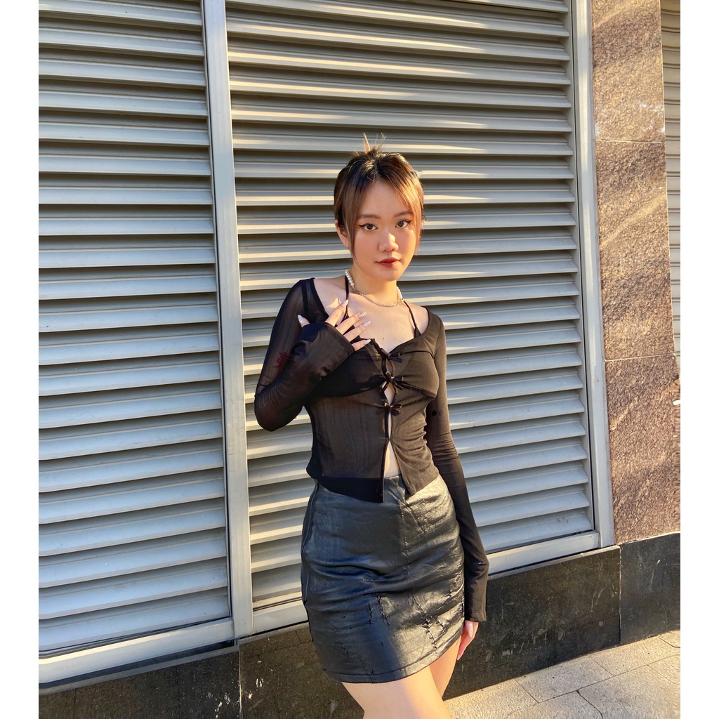 TMRSTUDIOS  - ÁO TAY DÀI LƯỚI ĐÍNH NƠ NHỎ NHẮN XINH XẮN - TINYBOW TOP