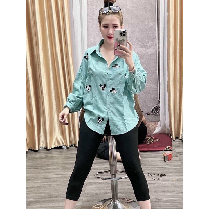 Set Bộ Đồ Đi Chơi Nữ Áo Sơ Mi Mickey Quần Legging Lửng Ngố