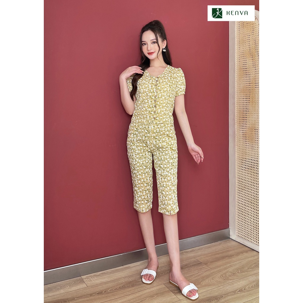 Bộ đồ ngủ thô Kenva nữ. Set đồ ngủ mặc nhà chất thô mềm mại, họa tiết hoa nhí, cổ tim tay phồng dáng quần ngố thỏa mái