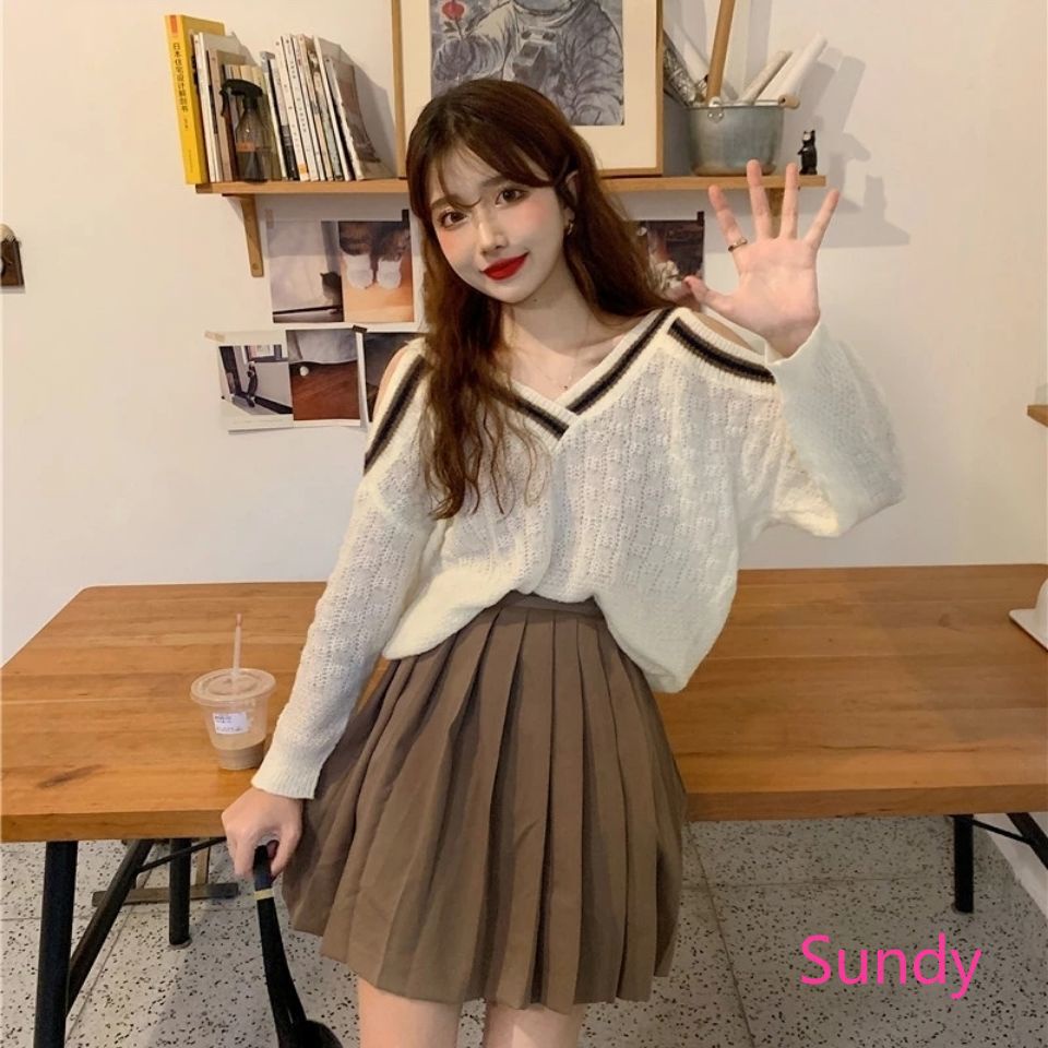 Áo sweater dệt kim dáng rộng cổ chữ V hở vai thời trang mùa thu dành cho nữ