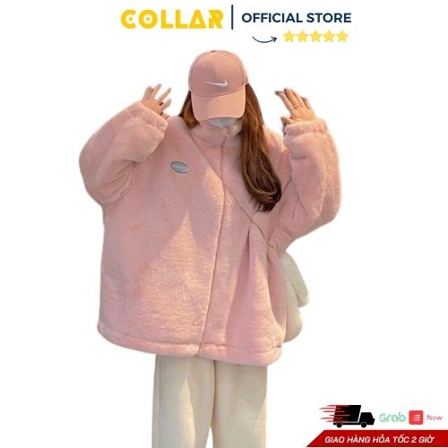 Áo khoác lông COLLAR in LOGO kiểu dáng khóa kéo form rộng thời trang nữ mùa đông trẻ trung năng động