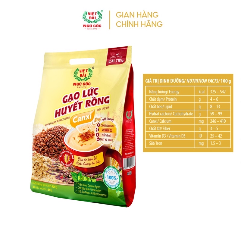 Bột ngũ cốc Gạo lức huyết rồng Việt Đài túi 600g