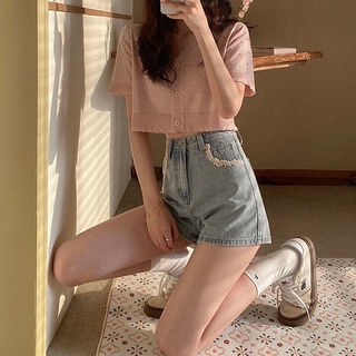 Quần Short Denim Lưng Cao Ống Rộng Phối Ren Thời Trang Mùa Hè Hàn Quốc