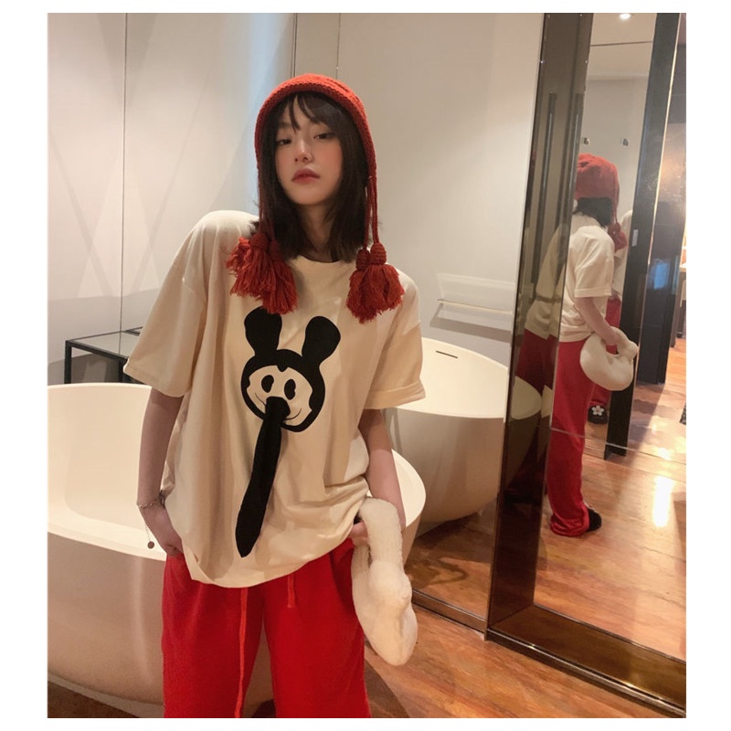 Áo Thun Cổ Tròn Dáng Rộng In Hình Mickey Vui Nhộn Thời Trang Mùa Hè Hàn Quốc Cho Nữ Plus Size