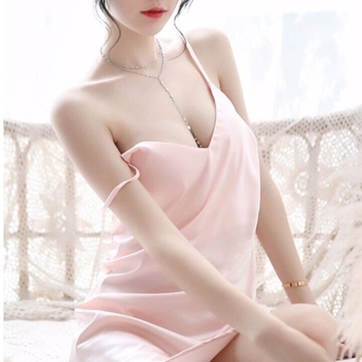 Váy ngủ lụa gợi cảm hai dây đơn giản váy mặc lót trong đầm với màu hồng da ngọt ngào
