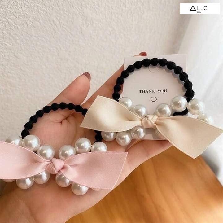 Nơ buộc tóc ruy băng ngọc trai phong cách Hàn Quốc
