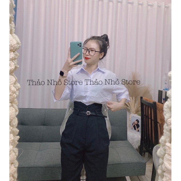 sơmi trắng tay ngắn form rộng ( hình thật shop Thảo Nhỏ Store chụp )