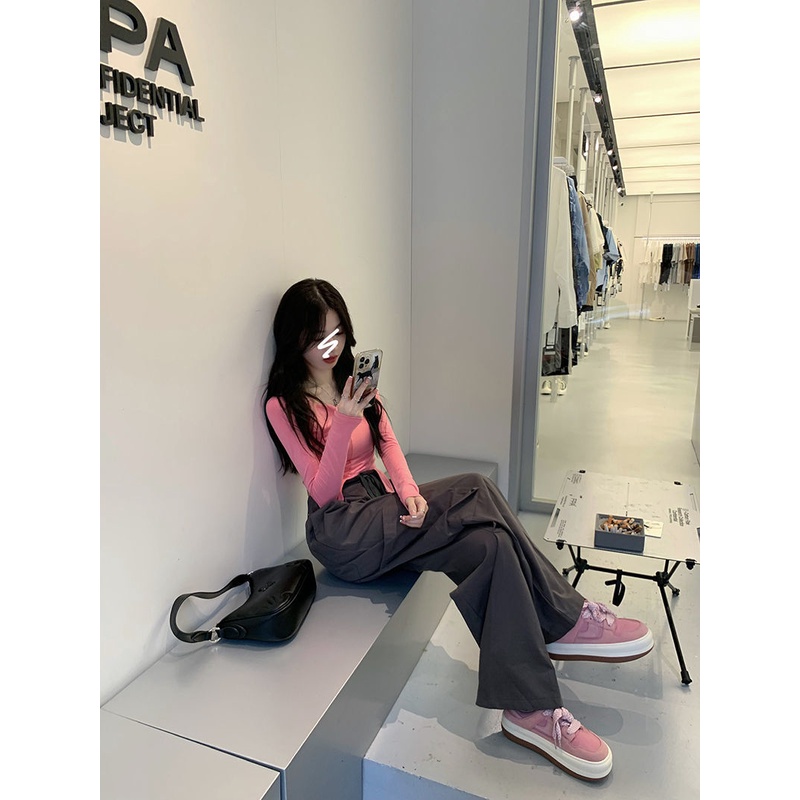 Bộ áo thun + quần short ống rộng MURIOKI màu hồng thời trang mùa thu mới 2022 cho nữ